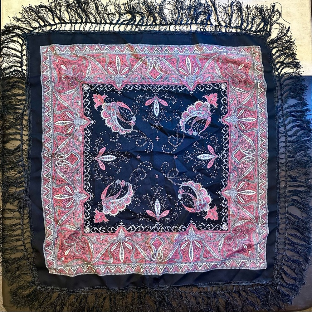 VINTAGE fringe Trim Paisley Square Scarf